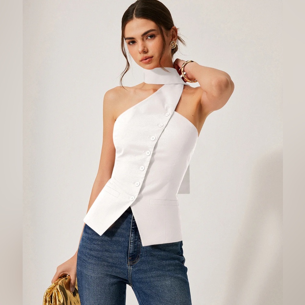 161 Commense Cotton & Linen Halter Top With Decor Pockets